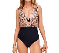 CUPSHE Maillot de bain une pièce dos nu pour femme - Bretelles larges - Dos froncé, Imprimé léopard/noir, Taille M