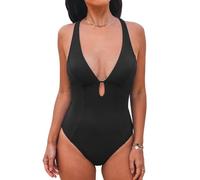 CUPSHE Maillot de bain une pièce pour femme avec col en V profond et découpe en O, noir, Taille L