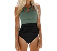 CUPSHE - Maillot de bain une pièce pour femme avec col haut et effet gainant, noir/vert, Taille M