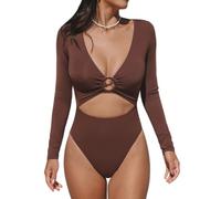 CUPSHE Maillot de bain une pièce pour femme avec protection solaire - Manches longues - Découpes - UPF 50+ - UV - Col en V profond - Anneau O, rouge bordeaux, Taille L