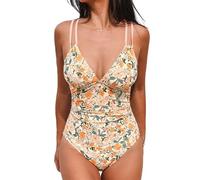 CUPSHE Maillot de bain une pièce pour femme, col en V, contrôle du ventre, double bretelles réglables, découpe dans le dos, anneau, M