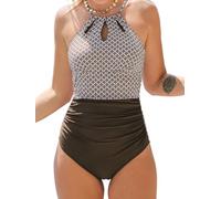 CUPSHE Maillot de bain une pièce pour femme - Col haut - Contrôle du ventre - Maillot de bain, Marron chocolat/blanc, Taille S
