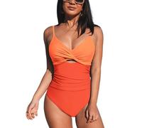CUPSHE Maillot de bain une pièce pour femme - Découpes torsadées sur le devant - Bretelles réglables - Maillot de bain froncé, Orange color block, Taille S