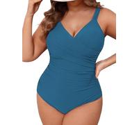CUPSHE Maillot de bain une pièce pour femme - Grande taille - Contrôle du ventre - Col en V - Coupe incurvée - Amincissant, bleu ardoise, XX-Large plus
