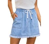 CUPSHE Mini jupe en jean pour femme - Taille haute - Courte - Taille élastique - Cordon de serrage - Poches - Ourlet effiloché - Jupe décontractée d'été