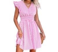 CUPSHE Mini robe à col en V pour femme, manches flottantes, rayures et point smock à la taille, robe courte d'été de cocktail, M