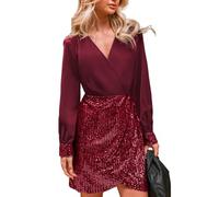 CUPSHE Mini robe de cocktail moulante à manches longues et col en V pour | Paillettes, croisé sur le devant, poignets ornés, ourlet tulipe, tenues de vacances formelles scintillantes, fête d'hiver