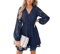 CUPSHE Mini robe d'été élégante avec col en V et manches paysannes - Taille haute élastique - Style décontracté - Pour invités de mariage, bleu, Taille XL