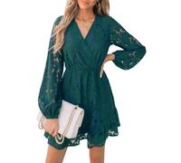 CUPSHE Mini robe d'été élégante avec col en V et manches paysannes - Taille haute élastique - Style décontracté - Pour invités de mariage, vert chasse, Taille M