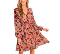 CUPSHE Mini robe en mousseline de soie à imprimé floral pour femme - Manches longues paysannes - Élastique - Robe d'automne, vieux rose, XXL
