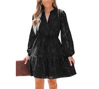 CUPSHE Mini robes d'automne semi-formelles en dentelle à volants pour femmes, robe d'invitée de mariage, col en V, manches longues paysannes, ceinture élastique à nouer, noir, Taille M