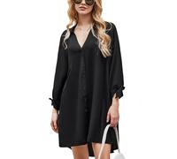 CUPSHE Robe chemisier avec col en V et manches longues, robe chemise ample boutonnée sur le devant, robe de plage décontractée, Noir , S