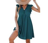 CUPSHE Robe de plage avec col en V et manches flottantes en dentelle ajourée plissée pour l'été, vert sarcelle, S