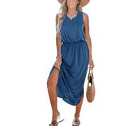 CUPSHE Robe d'été longue sans manches pour femme, col rond, taille cintrée, fente latérale, tunique trapèze, robe décontractée, bleu, Taille XS