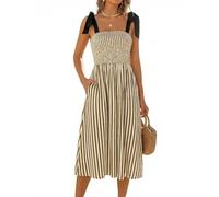 CUPSHE Robe d'été mi-longue à smocks pour femme - Sans manches - Rayures - Épaules nouées - Robe caraco longue et fluide