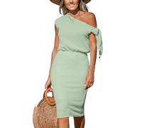 CUPSHE Robe d'été mi-longue en tricot pour femme, épaules dénudées, nœud noué, taille élastique, moulante, décontractée, plage, printemps, vert menthe, Taille M