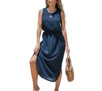 CUPSHE Robe d'été mi-longue gaufrée pour femme - Col rond - Sans manches - Taille cintrée - Fente latérale - Robe de plage décontractée, bleu marine, Taille S