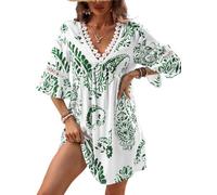 CUPSHE Robe d'été mini pour femmes à col en V avec bordure en dentelle, cache-maillot à manches 3/4 avec poignets à volants, robe décontractée d'été, robes de plage cache-maillots, vert, Taille S
