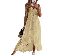 CUPSHE Robe d'été pour Femme Boho Maxi à Lacets avec Pompon col en V évasé à Volants Robes de Plage Jaune XS