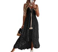 CUPSHE Robe d'été pour Femme Boho Maxi à Lacets avec Pompon col en V évasé à Volants Robes de Plage Noir S