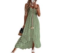 CUPSHE Robe d'été pour Femme Boho Maxi à Lacets avec Pompon col en V évasé à Volants Robes de Plage Vert L