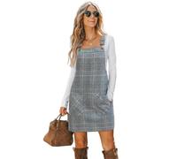 CUPSHE Robe Femme à Bretelles Découpe Carrée avec Porte-Jarretelles Poches Corduroy Latzkleid Ensemble Robe de Loisirs Mini Dress, Bleu/carreaux, XL