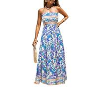 CUPSHE Robe longue d'été à smocks pour femme, sans manches, avec bretelles fines et volants, pour plage ou occasions formelles, Bleu/violet, Taille S