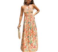 CUPSHE Robe longue d'été à smocks pour femme - Sans manches, avec bretelles spaghetti et volants - Longue robe de plage formelle, Orange Floral, Taille M