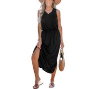 CUPSHE Robe longue sans manches avec col rond et taille cintrée - Fente latérale - Robe décontractée, Noir , M