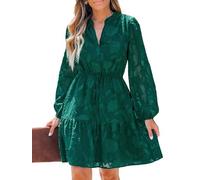 CUPSHE Robe pour femme à volants en dentelle, mini, d'automne, robe d'invitée de mariage semi-formelle, col en V, manches longues bouffantes, taille élastique à nouer, vert, Taille XL