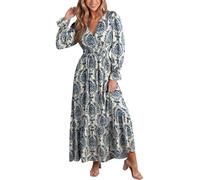 CUPSHE Robe pour femme - Col en V - Manches longues - Robe décontractée et élégante - Robe maxi pour l'automne, Motif cachemire bleu marine, XL