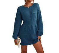 CUPSHE Robe pull décontractée à manches longues pour femme - Robe pull unie pour l'automne et l'hiver, bleu, L