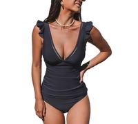 CUPSHE Tankini pour femme - Maillot de bain deux pièces - Col en V - Volants froncés - Contrôle du ventre - Bordure échelle - XS à 4XL, gris foncé, Taille XS