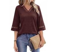 Cuptacc Blouse Femme Chic et Élégant Tunique Manche 3/4 Col en V | Décontracté,Lâche,Respirant,Léger.Dentelle,Voyage,Travail,Quotidien,Polyvalent