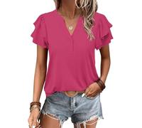 Cuptacc Haut Femme Basique Col en V Tshirt Femme Blouse Chic et Élégante Basic Classique Top T-Shirts Manches Courtes Fuchsia XXL 50-52