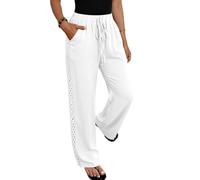 Cuptacc Pantalon Femme Été Taille Haute avec Cordon Poches Ample Blanc L | 100% Coton, Taille Haute, Cordon De Serrage Réglable, Finition Dentelle Latérale, Respirant Et Confortable, Quotidien