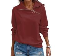 Cuptacc Pull Femme Chic Et Elegant Col Rond Sweat Femme sans Capuche Casual Semi-zippé Automne Hiver Tunique Bourgogne, XL 46-48