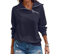 Cuptacc Pull Femme Chic Et Elegant Col Rond Sweat Femme sans Capuche Casual Semi-zippé Automne Hiver Tunique Bleu Marine, XL 46-48
