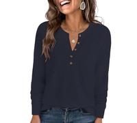 Cuptacc Pull Femme Chic Et Elegant Sweat Femme sans Capuche Col Henri avec Boutonnés Ample Haut Bleu Foncé Moyen M 38-40