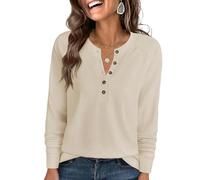 Cuptacc Pull Femme Hiver Haut Femme Chic Et Elegant Col Henri À Boutons Manches Longues Sweat Abricot XL 46-48