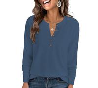 Cuptacc Pull Femme Hiver Haut Femme Chic Et Elegant Col Henri À Boutons Manches Longues Sweat Bleu Marine XL 46-48