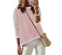 Cuptacc Pull pour femme en coton à manches longues pour femme - Sweats à rayures - Tuniques - Pull à col rond, Rose/blanc, L
