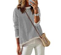 Cuptacc Pull pour femme en coton à manches longues pour femme - Sweats à rayures - Tuniques - Pull à col rond, beige, L