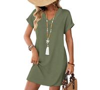 Cuptacc Robe de Plage Femme D'été Manches Courtes Robe Midi Décontractée Col en V Robe Boheme Chic Vert Armée, XL 46