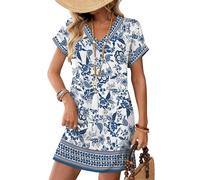Cuptacc Robe Ete Femme Manches Courte Robe de Plage Col en V Robe Tee Shirt | Ete,Longueur Genou,Avec Poches,Chic,Elegant,Boho,Florale,Couleur Unie,Grande Taille,Fluide,Légère