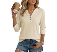 Cuptacc T Shirt Femme 3/4 Manche Col V Blouse Décontractés Abricot XXL