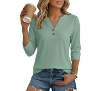 Cuptacc T Shirt Femme Col V Basique Hauts Trois Quarts Habillée BleuVert L