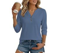 Cuptacc Tee Shirt Femme 3/4 Manche Top Chic et Élégant Col en V Tendance | Loisirs,Quotidien,Décontracté,Respirant,Classique,Décolleté en V,Manches 3/4,Bande de boutons,Tenue professionnelle