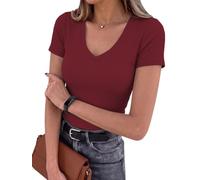 Cuptacc Tee Shirt Femme Basique Col en V Tshirt Basic Classique Top Côtelé T-Shirts Manches Courtes Couleur Unie