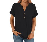 Cuptacc Tee Shirt Femme Col en V avec Boutonnés Été Décontracté Manches Courtes Élégantes Couleur Uni TopsEt Chemisiers Femme Noir XL 46-48